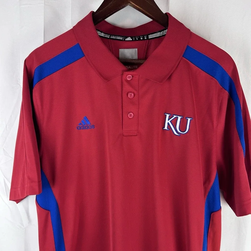 Kansas Jayhawks KU Adidas Climalite Short Sleeve Polo Shirt Men's Size Large Red